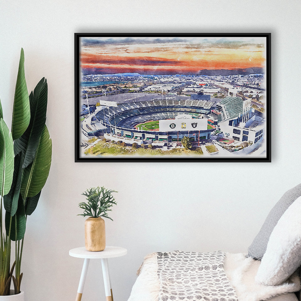 RingCentral Coliseum WaterColor Framed Canvas Prints, Oakland California Baseball Watercolor, Stadium Art Gifts
