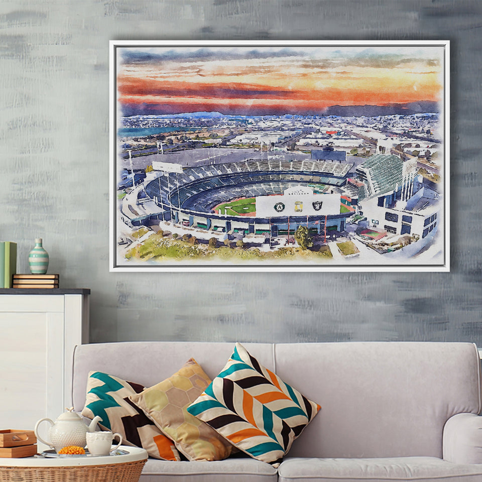 RingCentral Coliseum WaterColor Framed Canvas Prints, Oakland California Baseball Watercolor, Stadium Art Gifts