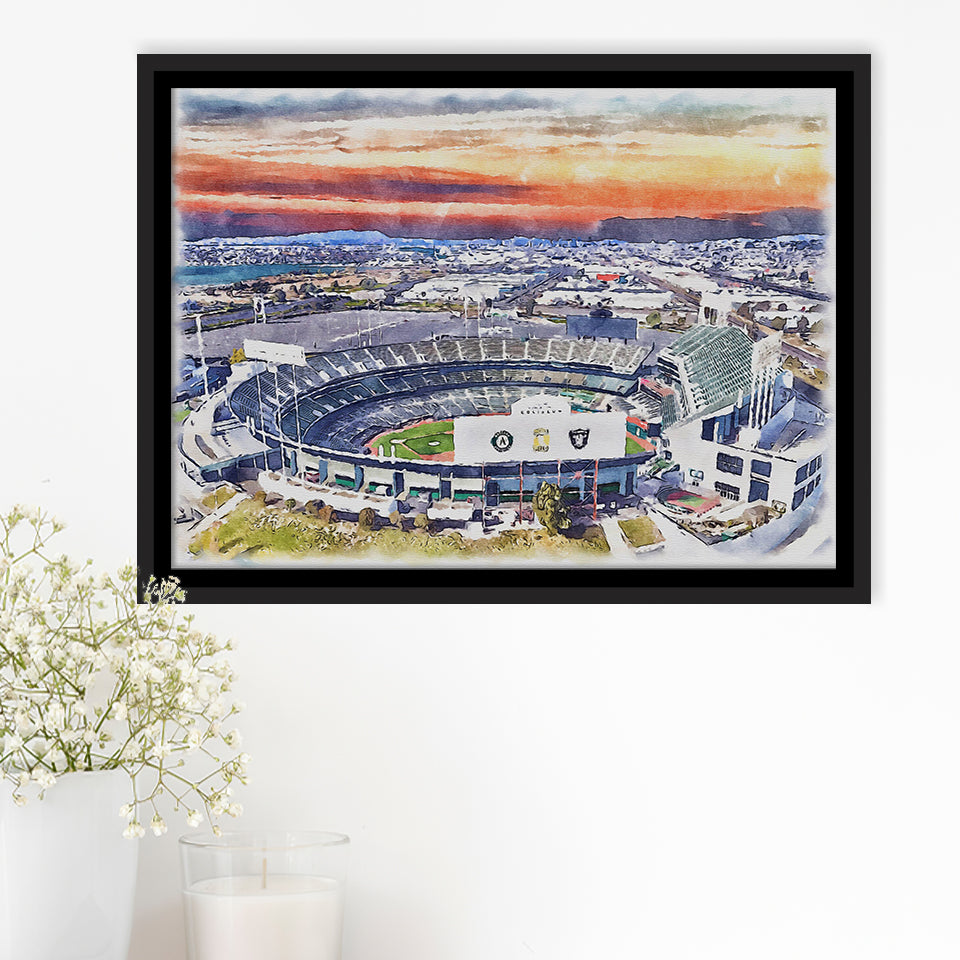 RingCentral Coliseum WaterColor Framed Canvas Prints, Oakland California Baseball Watercolor, Stadium Art Gifts