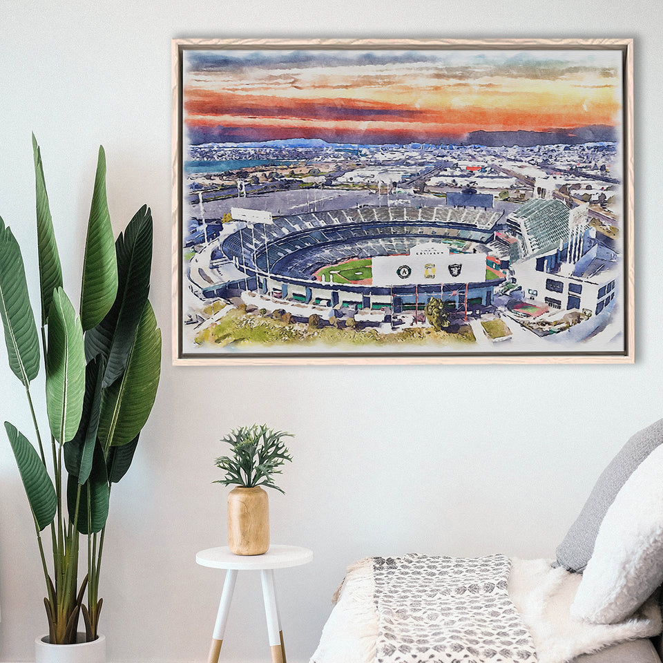 RingCentral Coliseum WaterColor Framed Canvas Prints, Oakland California Baseball Watercolor, Stadium Art Gifts