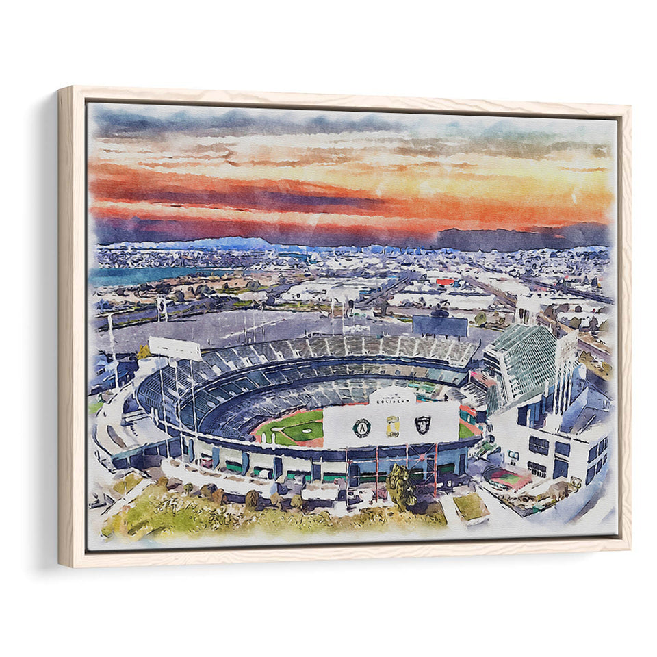 RingCentral Coliseum WaterColor Framed Canvas Prints, Oakland California Baseball Watercolor, Stadium Art Gifts