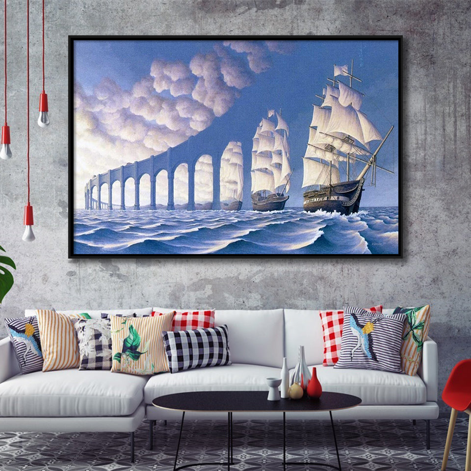 Rob Gonsalves Sun Sets Sail New Print On Canvas, Framed Canvas Print Wall Art Decor,Floating Frame