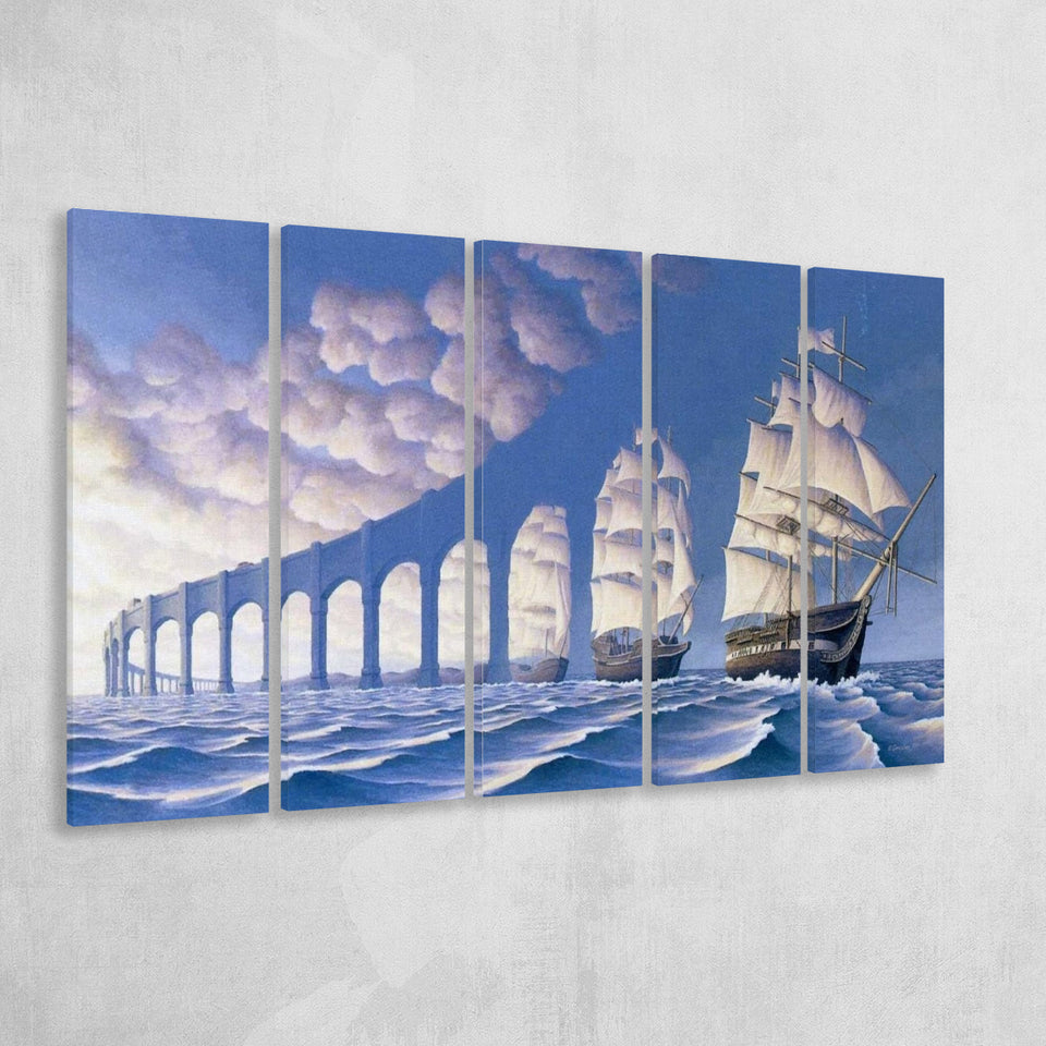 Rob Gonsalves Sun Sets Sail New Print On Canvas, Extra Large Multi 5 Panel Canvas Print Wall Art Decor