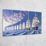 Rob Gonsalves Sun Sets Sail New Print On Canvas, Extra Large Multi 5 Panel Canvas Print Wall Art Decor