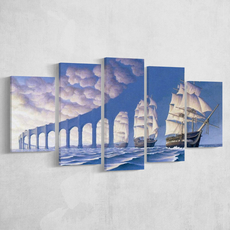 Rob Gonsalves Sun Sets Sail New Print On Canvas, Multi Panel Canvas Print Wall Art Decor, 5 Mixed Panel
