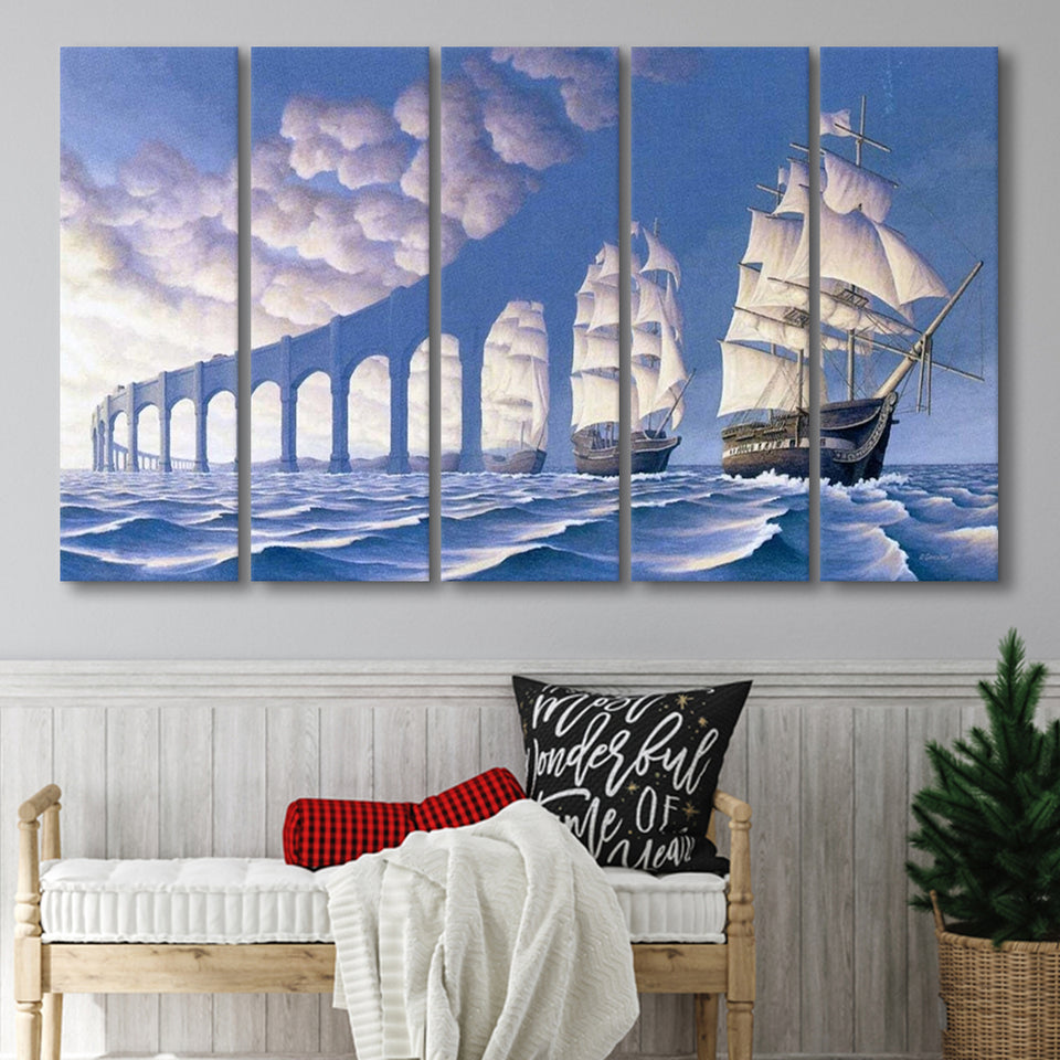 Rob Gonsalves Sun Sets Sail New Print On Canvas, Extra Large Multi 5 Panel Canvas Print Wall Art Decor