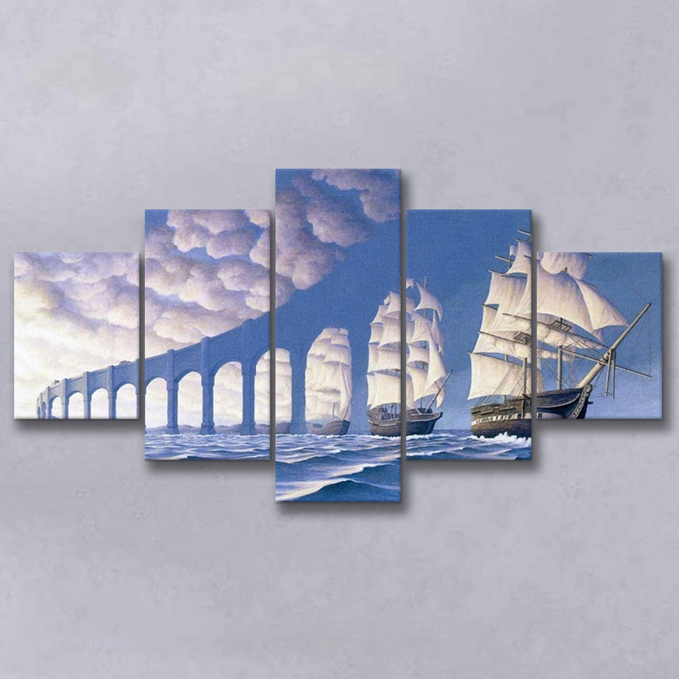 Rob Gonsalves Sun Sets Sail New Print On Canvas, Multi Panel Canvas Print Wall Art Decor, 5 Mixed Panel