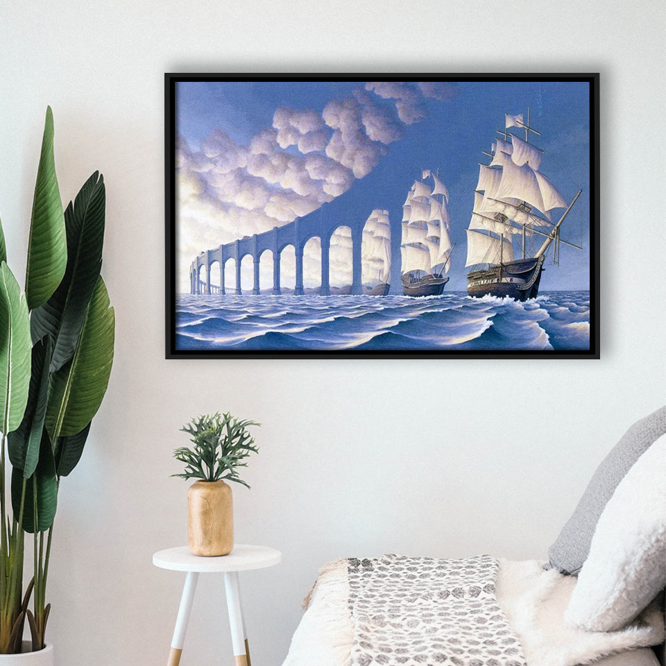 Rob Gonsalves Sun Sets Sail New Print On Canvas, Framed Canvas Print Wall Art Decor,Floating Frame