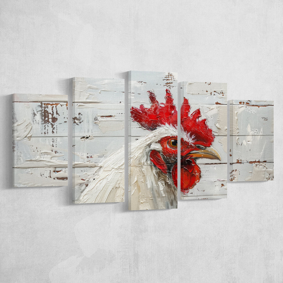 Rooster Painted On Woode Background Rustic Art, Multi Panel Canvas Print Wall Art Decor, 5 Mixed Panel