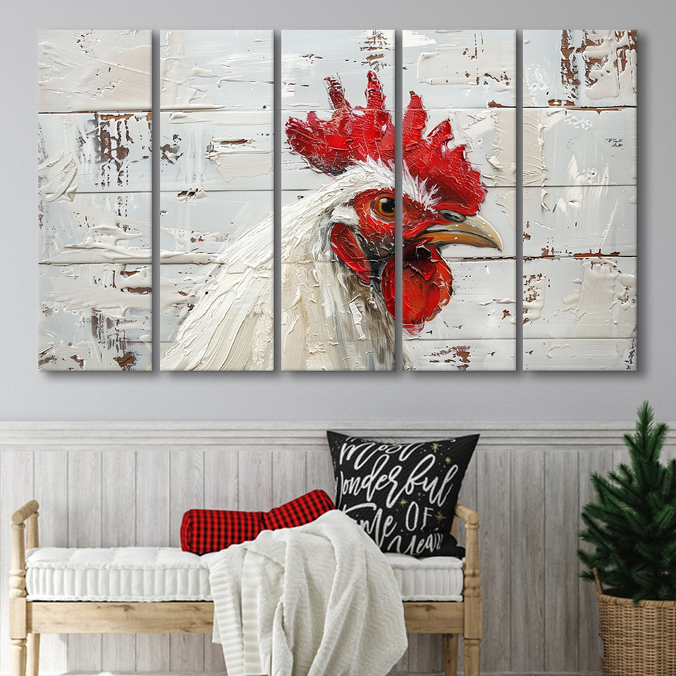 Rooster Painted On Woode Background Rustic Art, Extra Large Multi 5 Panel Canvas Print Wall Art Decor