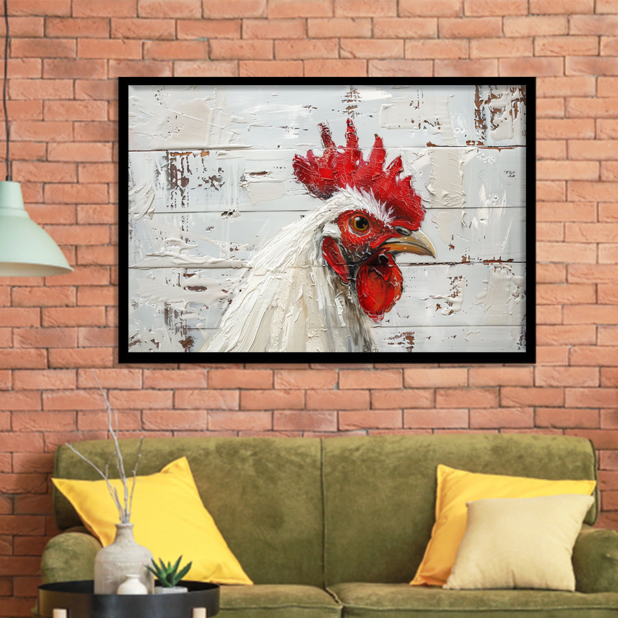 Rooster Painted On Woode Background Rustic Art, Framed Art Print Wall Decor, Framed Picture