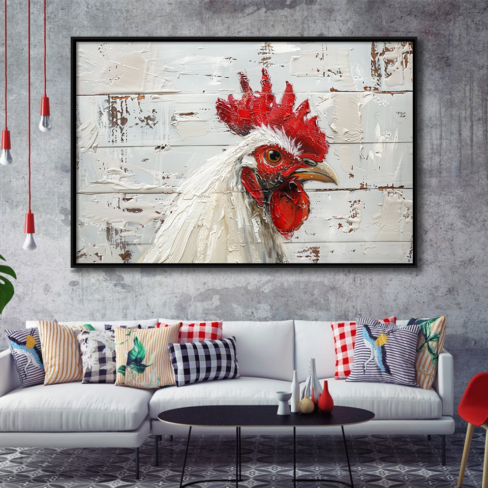 Rooster Painted On Woode Background Rustic Art, Framed Canvas Print Wall Art Decor,Floating Frame