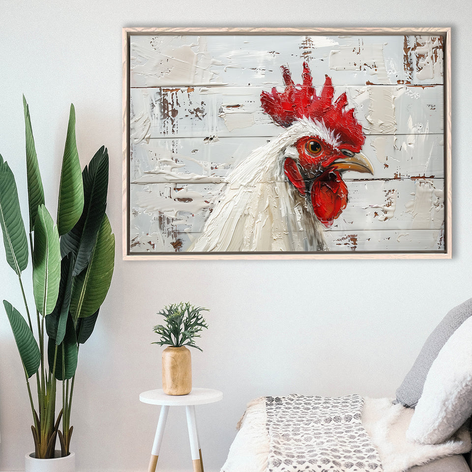 Rooster Painted On Woode Background Rustic Art, Framed Canvas Print Wall Art Decor,Floating Frame