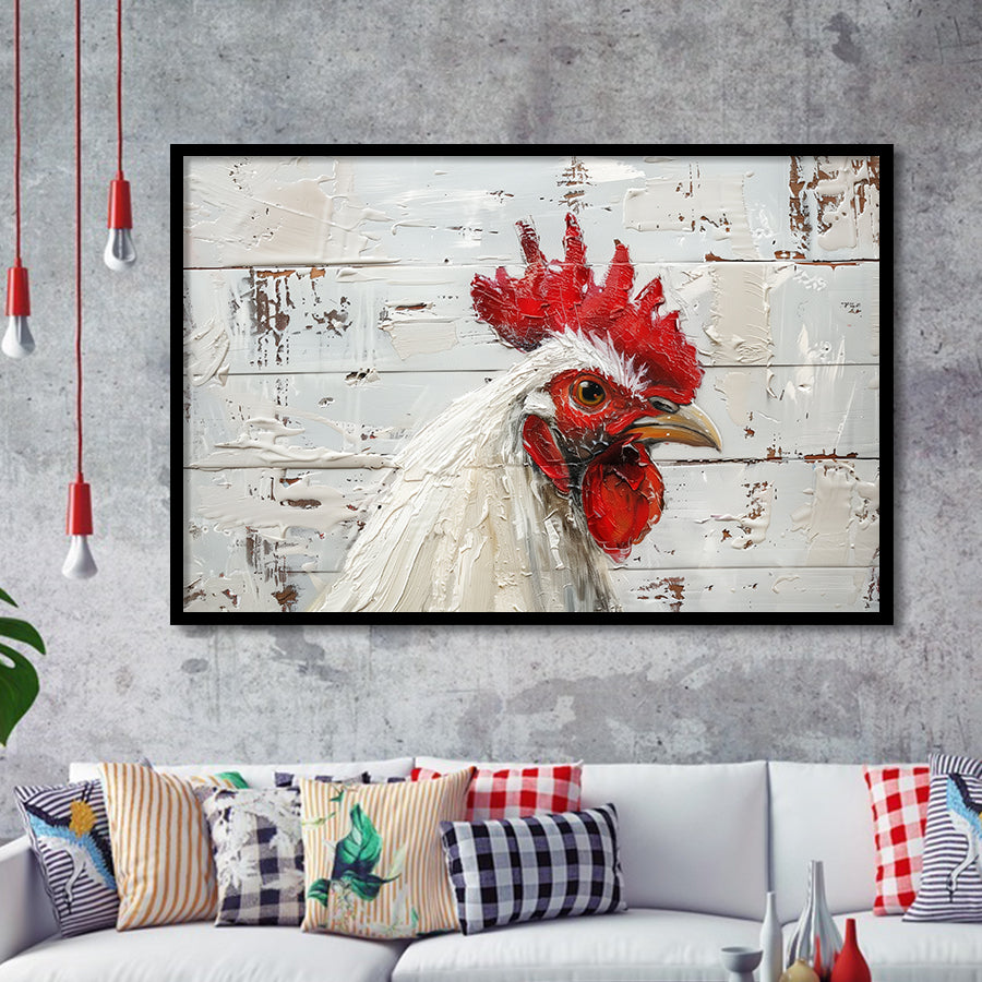 Rooster Painted On Woode Background Rustic Art, Framed Art Print Wall Decor, Framed Picture
