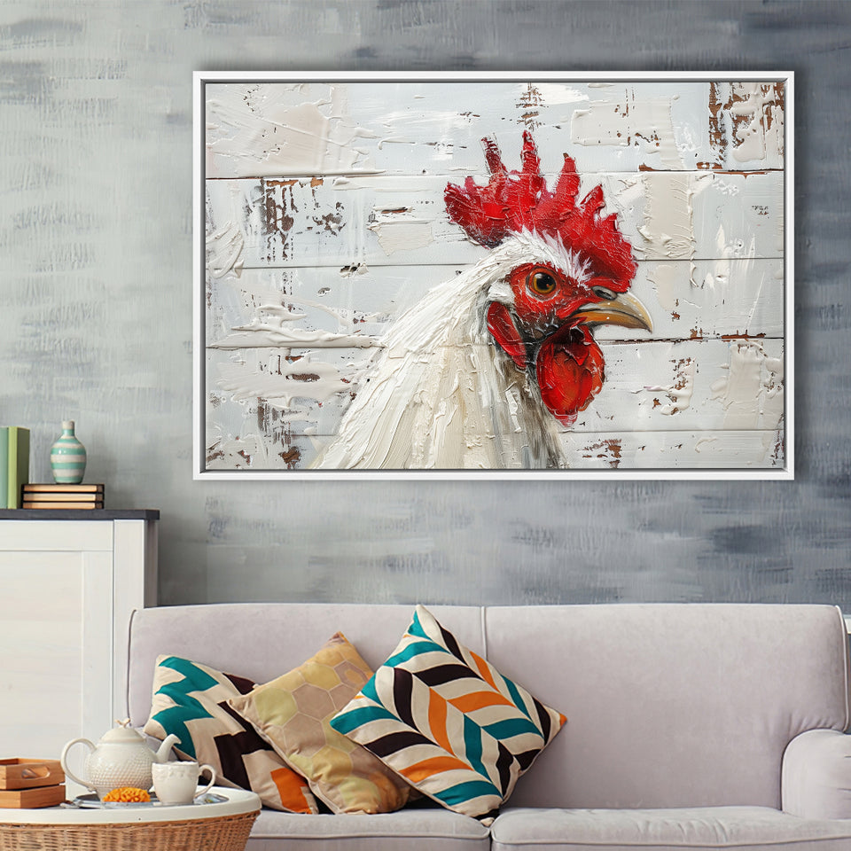 Rooster Painted On Woode Background Rustic Art, Framed Canvas Print Wall Art Decor,Floating Frame
