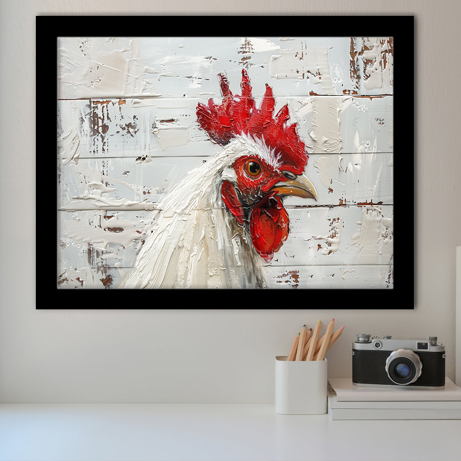 Rooster Painted On Woode Background Rustic Art, Framed Art Print Wall Decor, Framed Picture