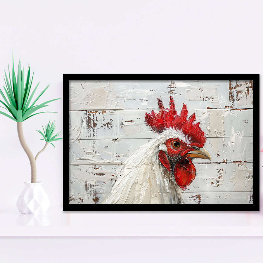 Rooster Painted On Woode Background Rustic Art, Framed Art Print Wall Decor, Framed Picture