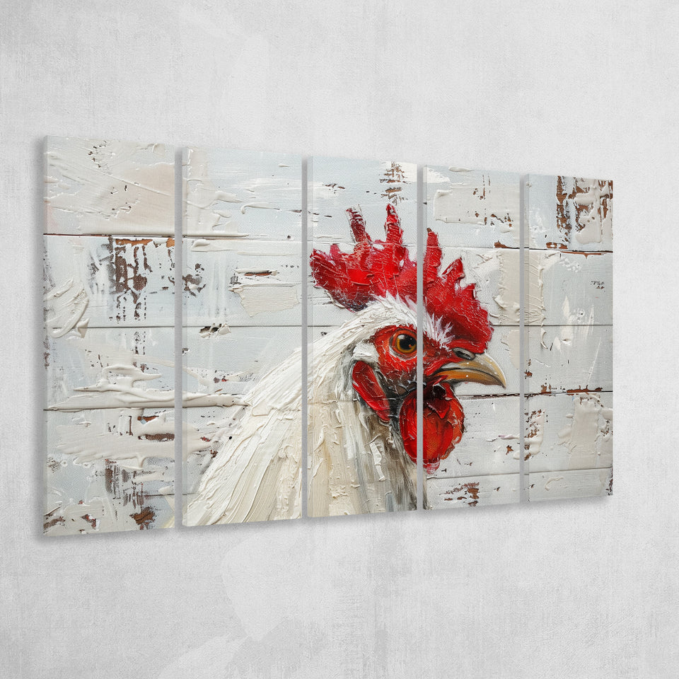 Rooster Painted On Woode Background Rustic Art, Extra Large Multi 5 Panel Canvas Print Wall Art Decor