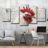 Rooster Painted On Woode Background Rustic Art, Multi Panel Canvas Print Wall Art Decor, 5 Mixed Panel