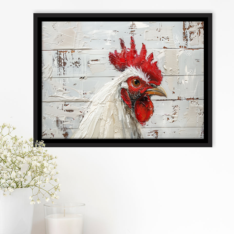 Rooster Painted On Woode Background Rustic Art, Framed Canvas Print Wall Art Decor,Floating Frame