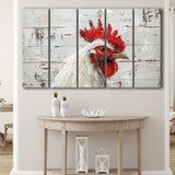 Rooster Painted On Woode Background Rustic Art, Extra Large Multi 5 Panel Canvas Print Wall Art Decor