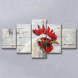 Rooster Painted On Woode Background Rustic Art, Multi Panel Canvas Print Wall Art Decor, 5 Mixed Panel