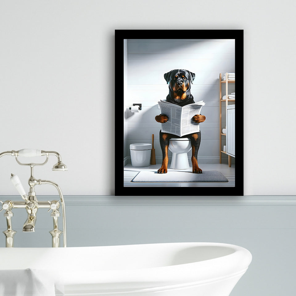 Rottweiler  Funny Bathroom Decor Framed Art Print Wall Decor, Rottweiler In Toilet