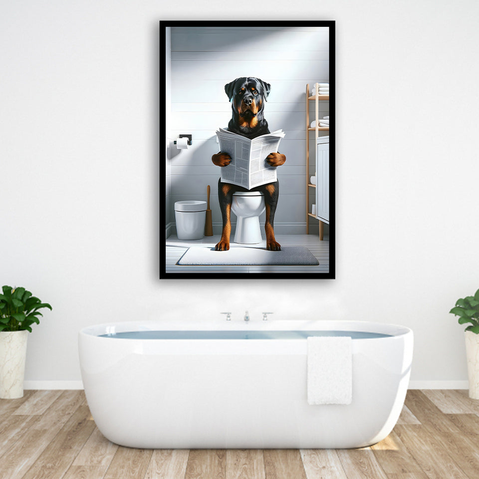 Rottweiler  Funny Bathroom Decor Framed Art Print Wall Decor, Rottweiler In Toilet