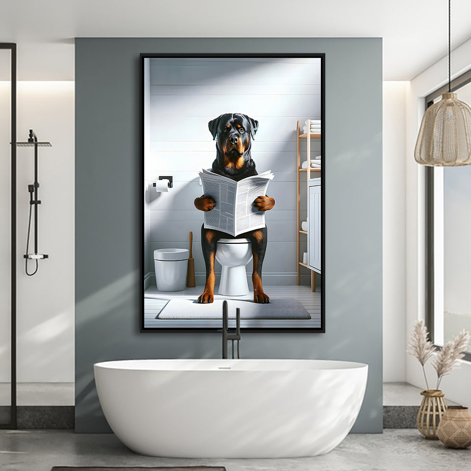 Rottweiler  Funny Bathroom Decor Framed Canvas Prints Wall Art, Rottweiler In Toilet
