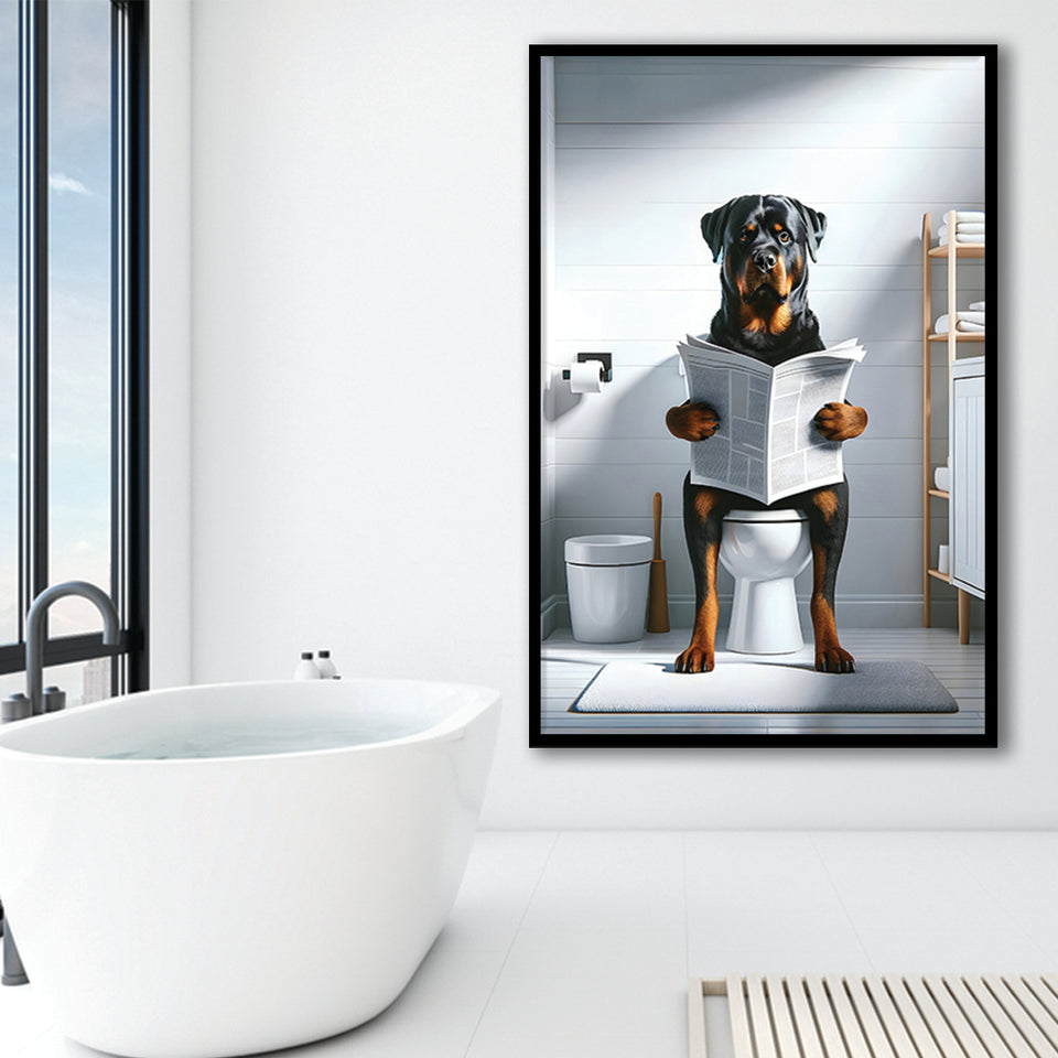 Rottweiler  Funny Bathroom Decor Framed Art Print Wall Decor, Rottweiler In Toilet