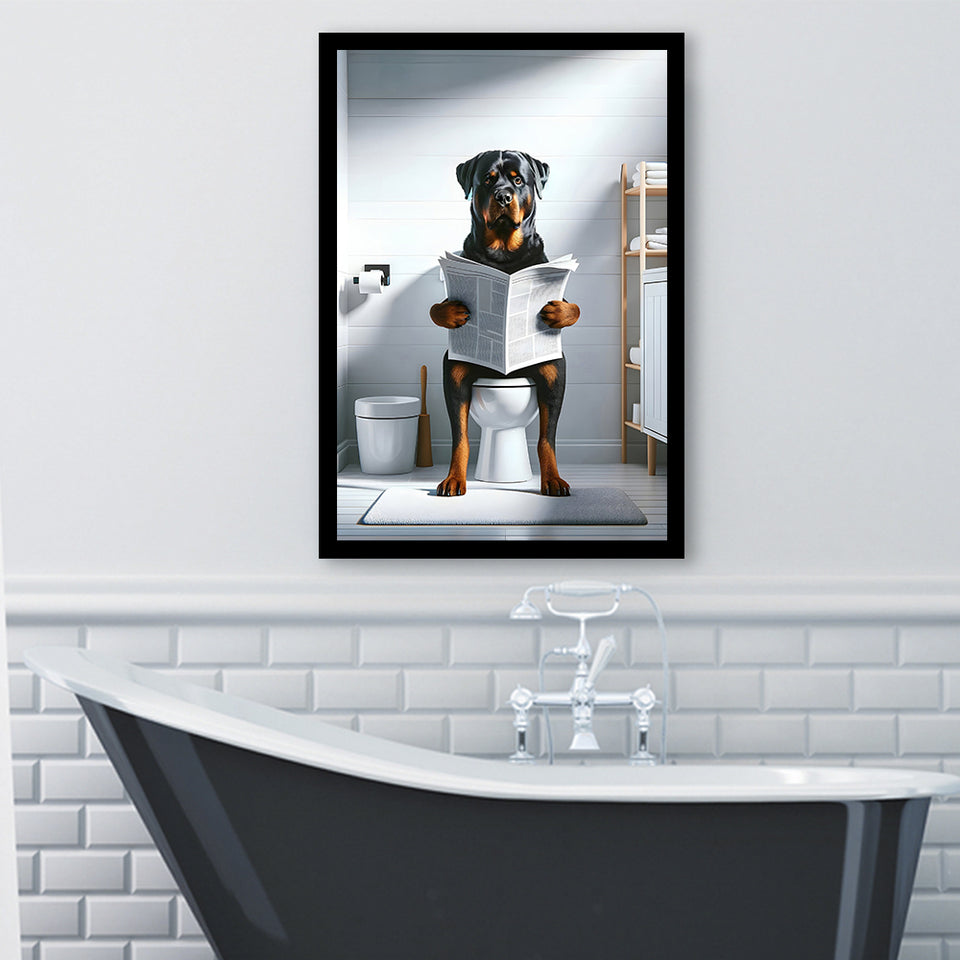Rottweiler  Funny Bathroom Decor Framed Art Print Wall Decor, Rottweiler In Toilet