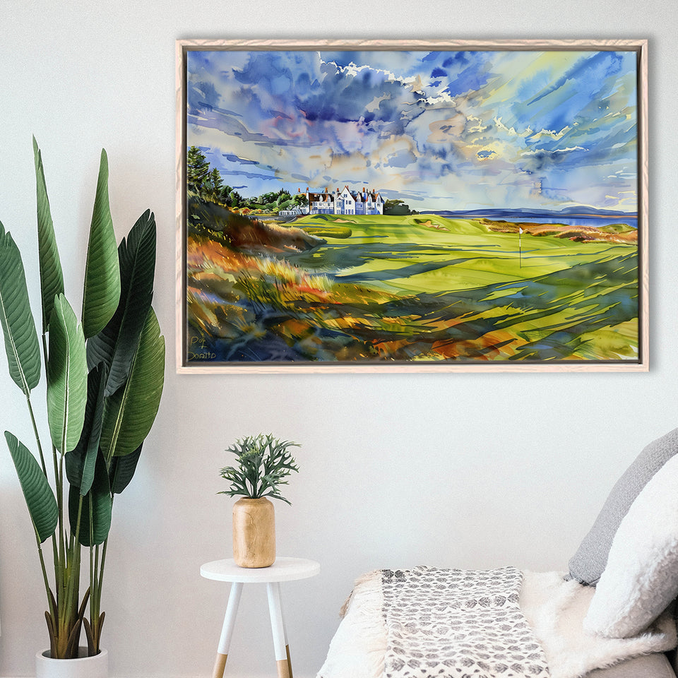 Royal Dornoch Golf Club Scotland Watercolor Painting, Framed Canvas Print Wall Art Decor,Floating Frame