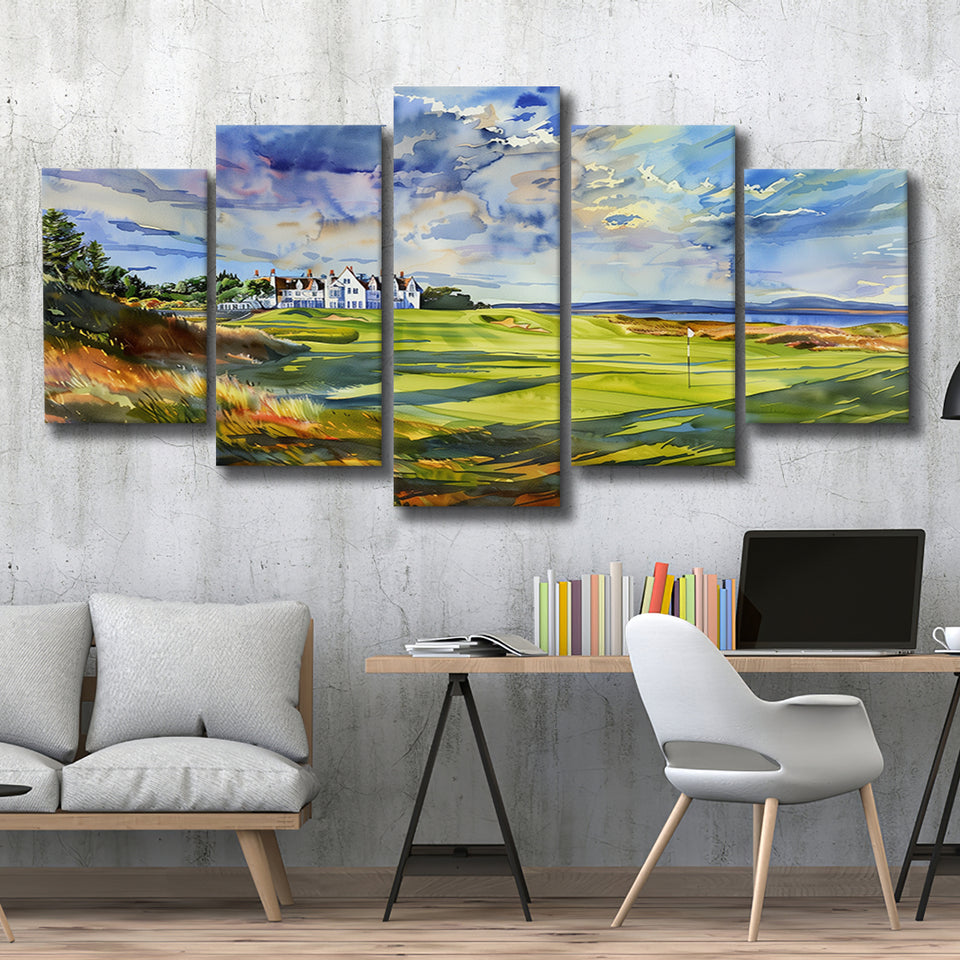 Royal Dornoch Golf Club Scotland Watercolor Painting, Multi Panel Canvas Print Wall Art Decor, 5 Mixed Panel