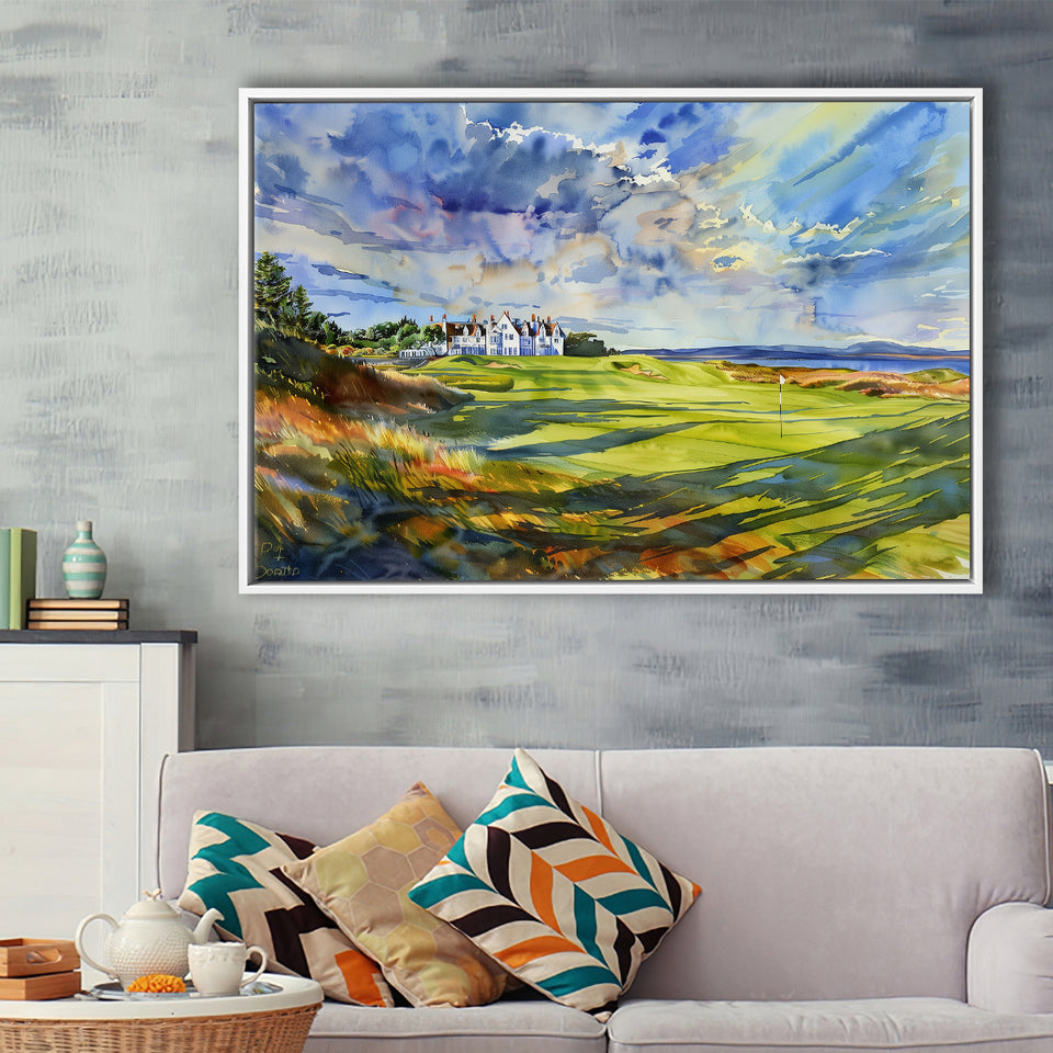 Royal Dornoch Golf Club Scotland Watercolor Painting, Framed Canvas Print Wall Art Decor,Floating Frame