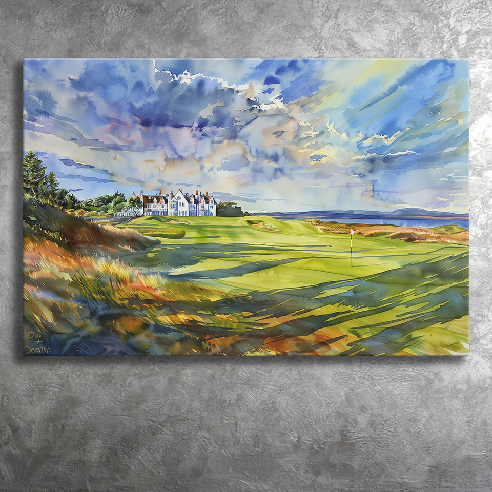 Royal Dornoch Golf Club Scotland Watercolor Painting, Canvas Print Wall Art Decor, Landscape Art Print