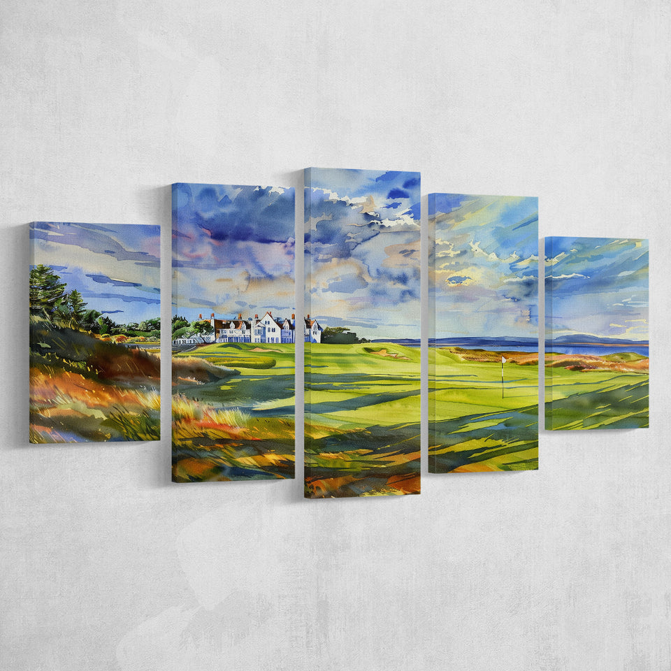 Royal Dornoch Golf Club Scotland Watercolor Painting, Multi Panel Canvas Print Wall Art Decor, 5 Mixed Panel