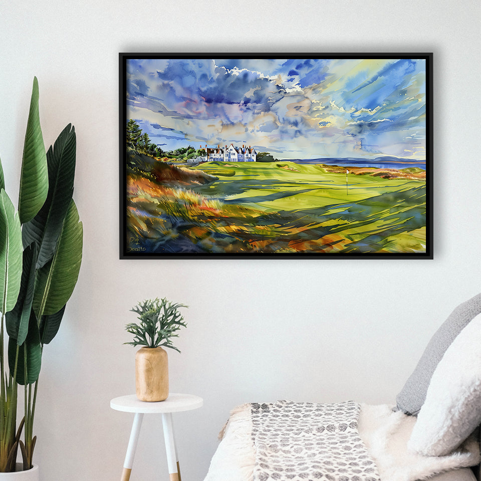 Royal Dornoch Golf Club Scotland Watercolor Painting, Framed Canvas Print Wall Art Decor,Floating Frame