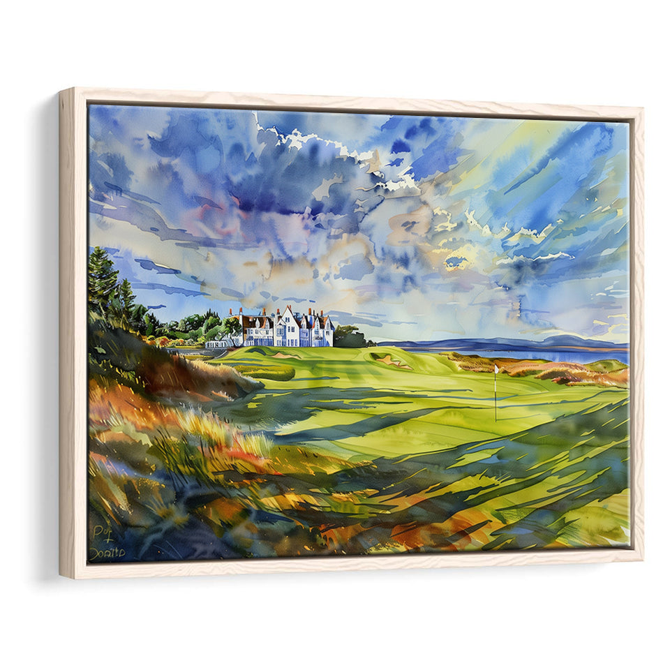 Royal Dornoch Golf Club Scotland Watercolor Painting, Framed Canvas Print Wall Art Decor,Floating Frame
