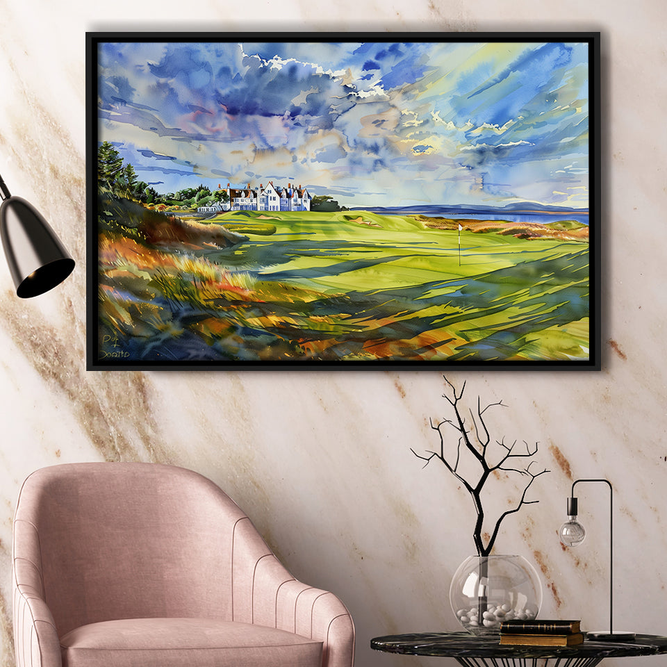Royal Dornoch Golf Club Scotland Watercolor Painting, Framed Canvas Print Wall Art Decor,Floating Frame