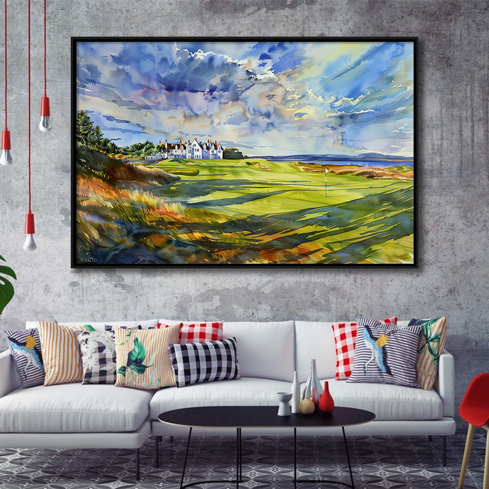 Royal Dornoch Golf Club Scotland Watercolor Painting, Framed Canvas Print Wall Art Decor,Floating Frame