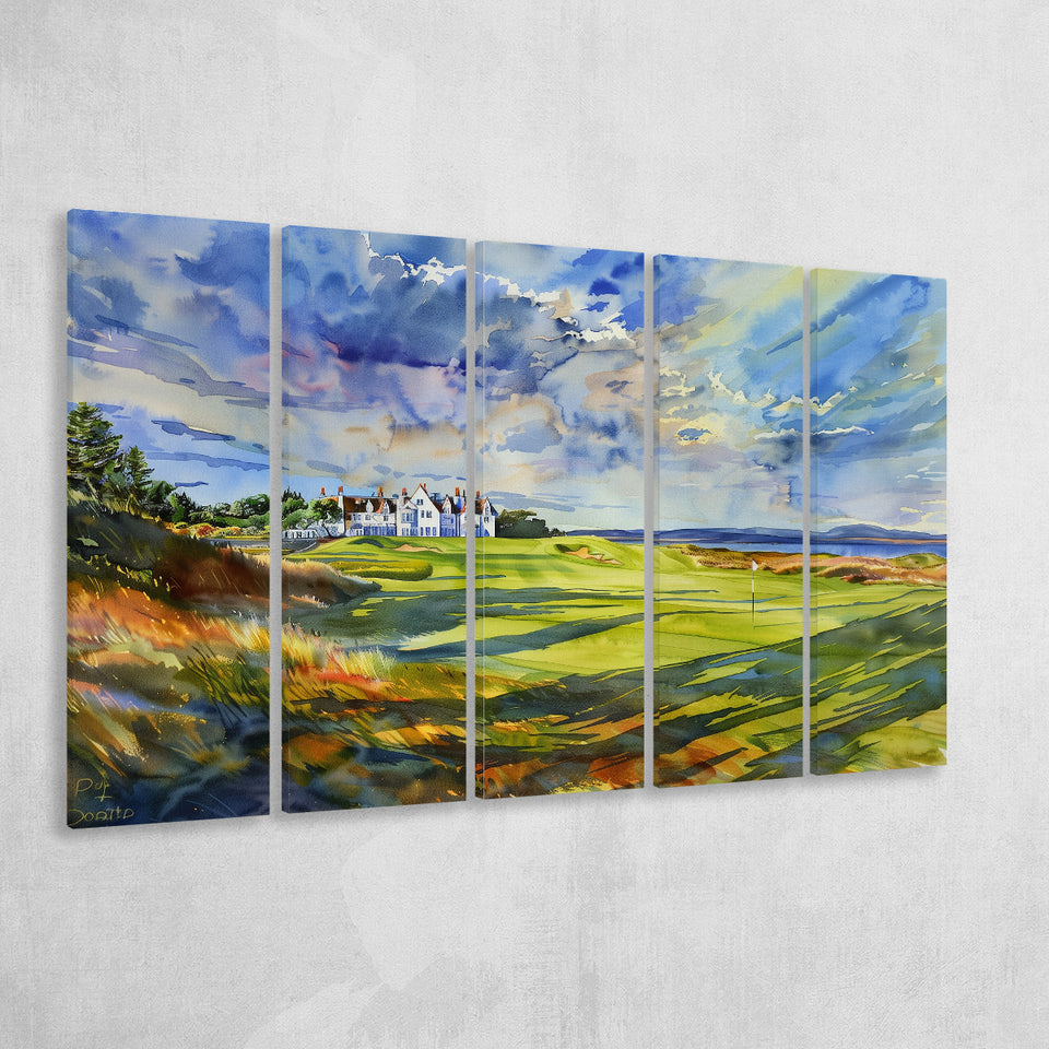 Royal Dornoch Golf Club Scotland Watercolor Painting, Extra Large Multi 5 Panel Canvas Print Wall Art Decor
