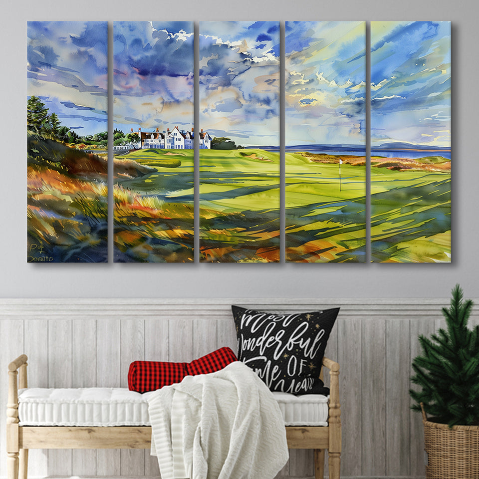 Royal Dornoch Golf Club Scotland Watercolor Painting, Extra Large Multi 5 Panel Canvas Print Wall Art Decor