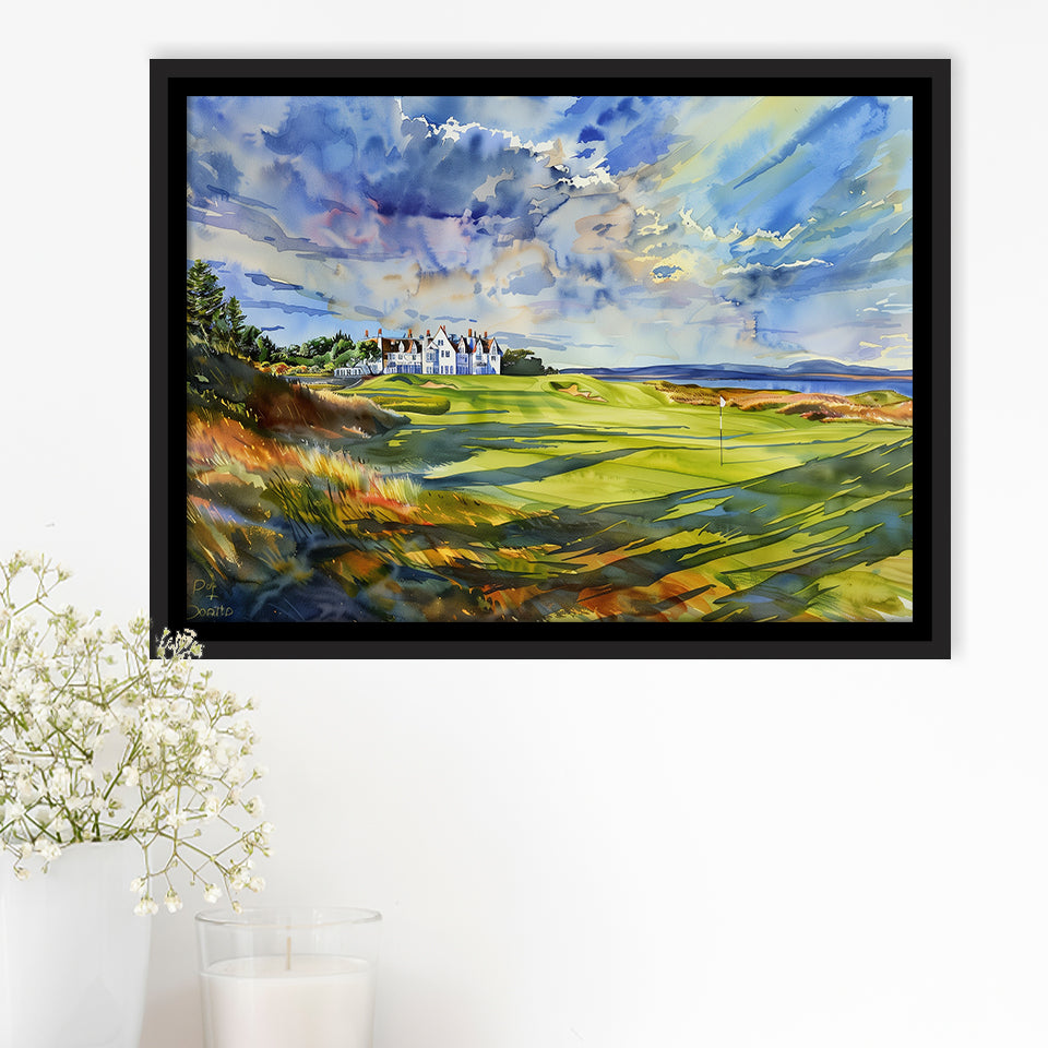 Royal Dornoch Golf Club Scotland Watercolor Painting, Framed Canvas Print Wall Art Decor,Floating Frame