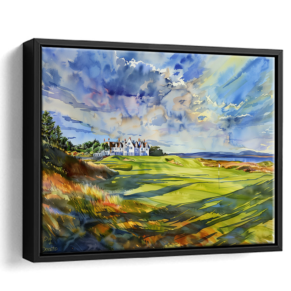Royal Dornoch Golf Club Scotland Watercolor Painting, Framed Canvas Print Wall Art Decor,Floating Frame