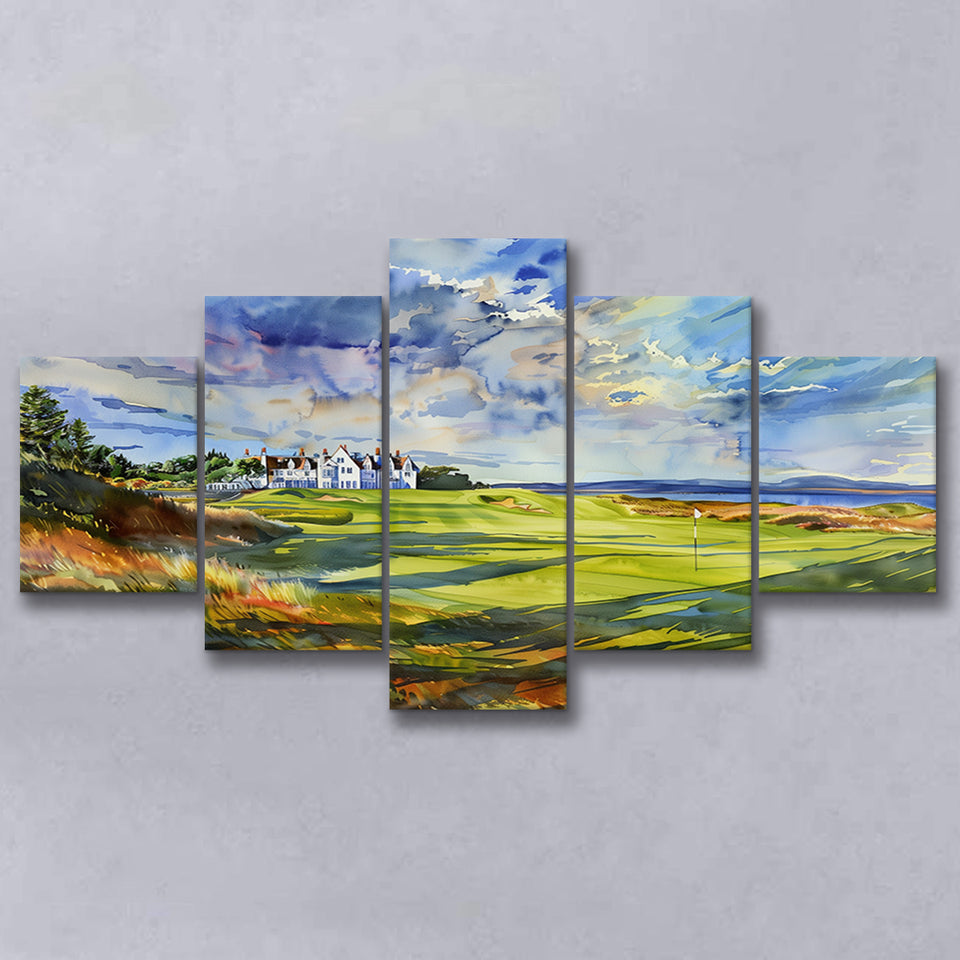 Royal Dornoch Golf Club Scotland Watercolor Painting, Multi Panel Canvas Print Wall Art Decor, 5 Mixed Panel