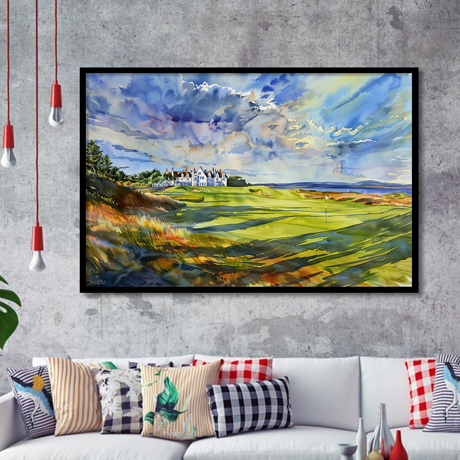 Royal Dornoch Golf Club Scotland Watercolor Painting, Framed Art Print Wall Decor, Framed Picture