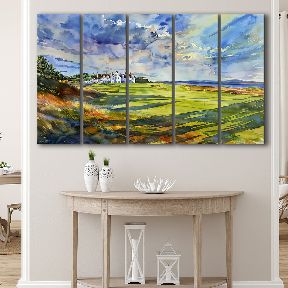 Royal Dornoch Golf Club Scotland Watercolor Painting, Extra Large Multi 5 Panel Canvas Print Wall Art Decor