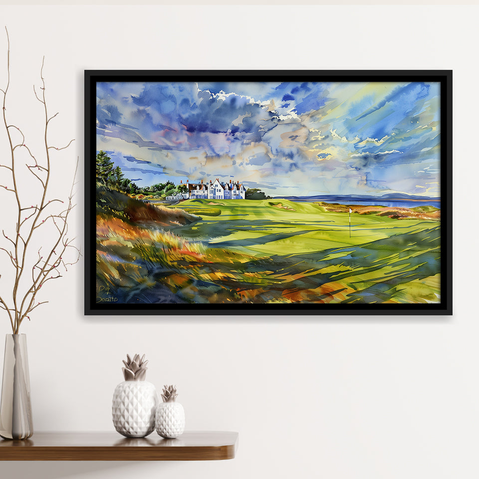 Royal Dornoch Golf Club Scotland Watercolor Painting, Framed Canvas Print Wall Art Decor,Floating Frame