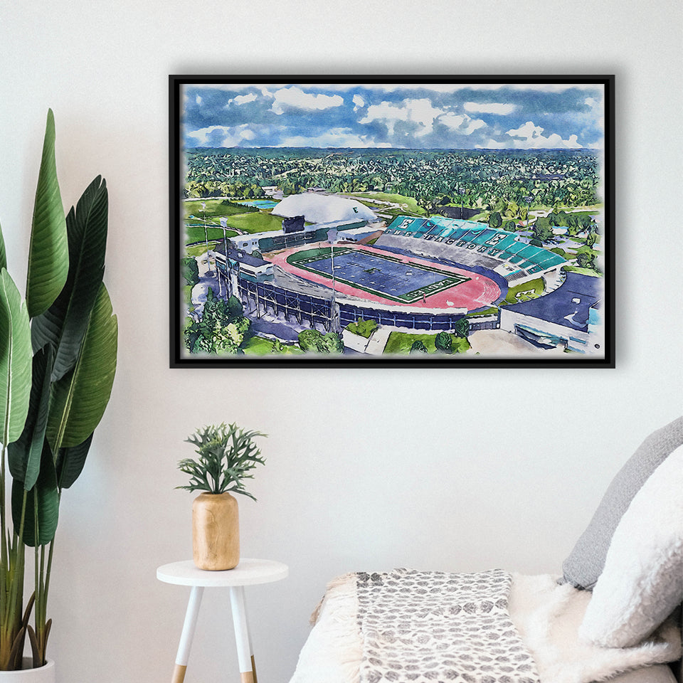 Rynearson Stadium WaterColor Framed Canvas Prints, Ypsilanti Michigan Watercolor, Stadium Art Gifts, Floating Frame