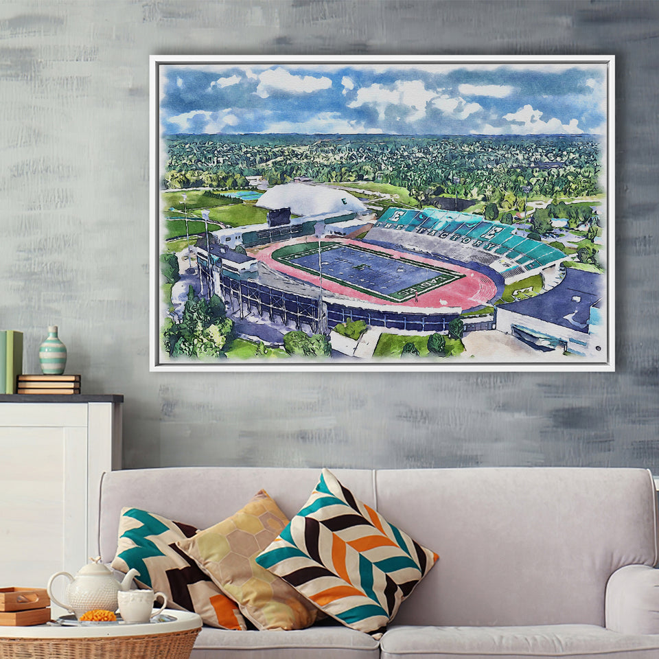 Rynearson Stadium WaterColor Framed Canvas Prints, Ypsilanti Michigan Watercolor, Stadium Art Gifts, Floating Frame